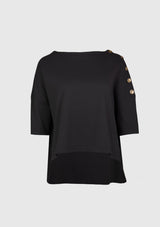 Boat-Neck Button-Shoulder Boxy Tee in Black
