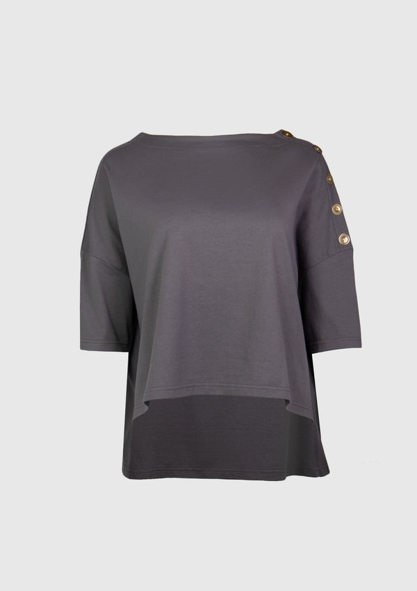 Boat-Neck Button-Shoulder Boxy Tee in Grey