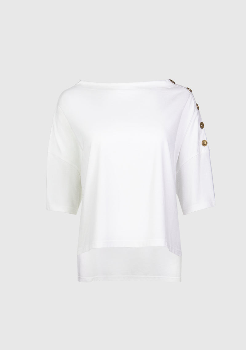 Boat-Neck Button-Shoulder Boxy Tee in White