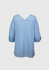 Broderie Check V-Back Puff-Sleeved Blouse in Blue