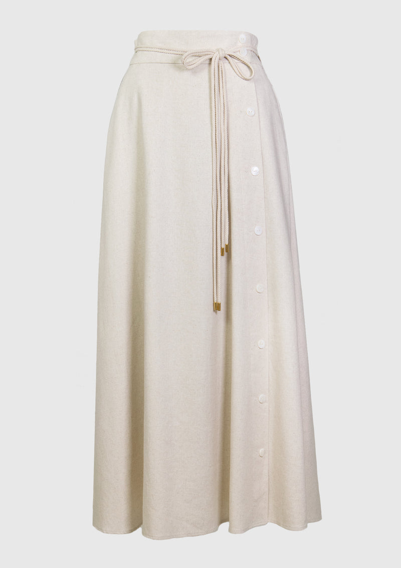 Button-Front Maxi Skirt with Rope Sash in Ivory