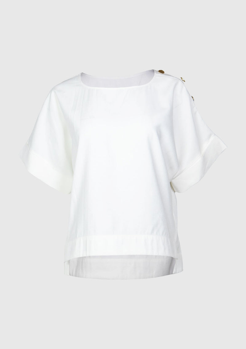 Hi-Lo Hem Boxy Tee with Shoulder Buttons in Off White