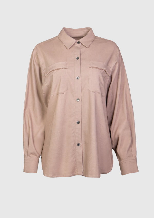 Fringed Pockets Button-Down Shirt in Beige