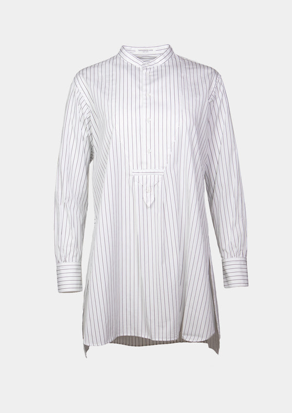 Band-Collar Long Shirt with Bib Detail in White Stripe