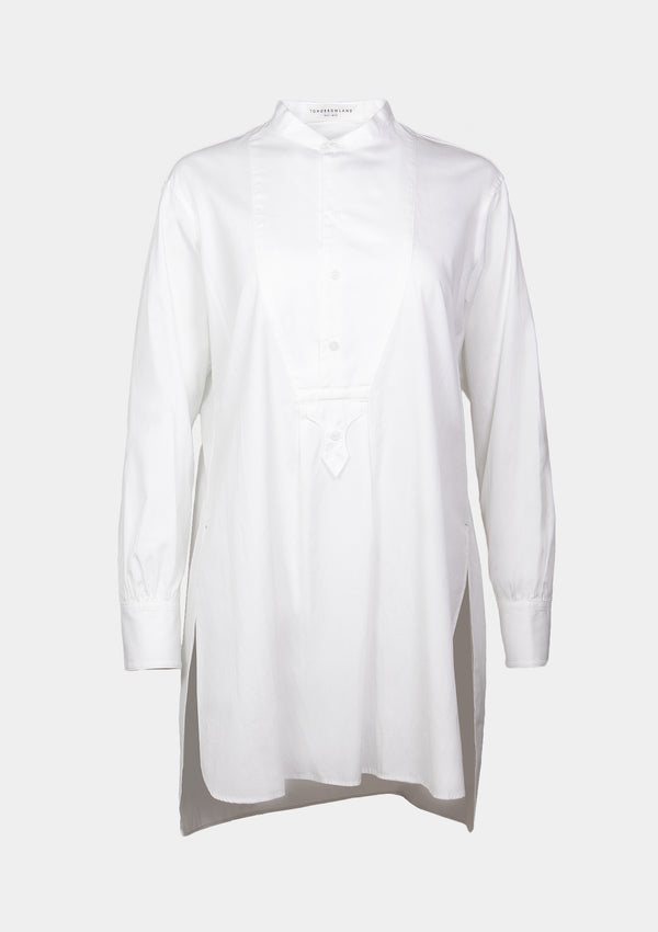Band-Collar Long Shirt with Bib Detail in White