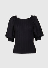 Mini Cable Knit Round-Neck Puff Sleeved Pullover in Black