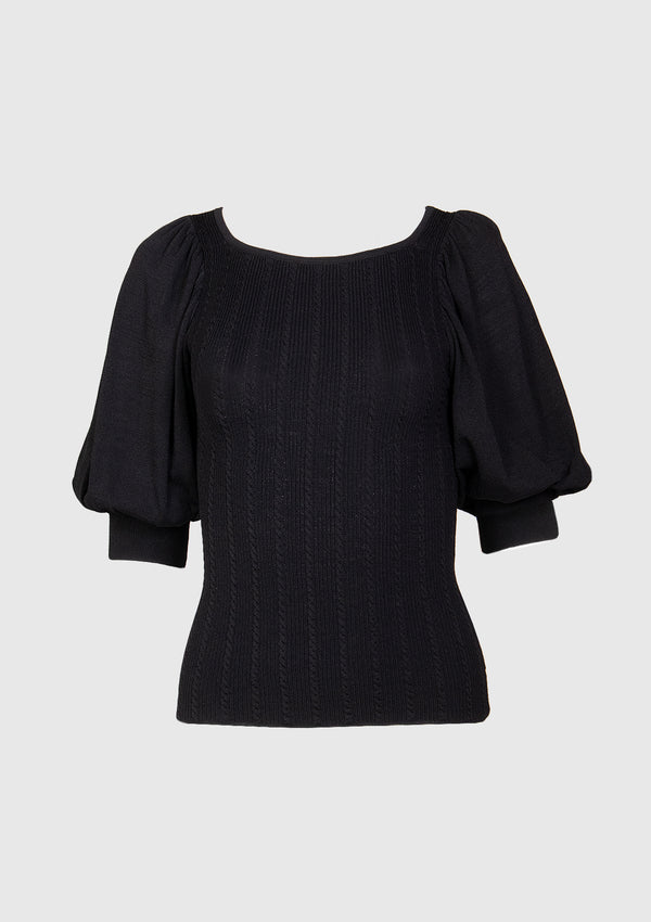 Mini Cable Knit Round-Neck Puff Sleeved Pullover in Black