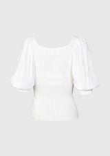 Mini Cable Knit Round-Neck Puff Sleeved Pullover in Off White
