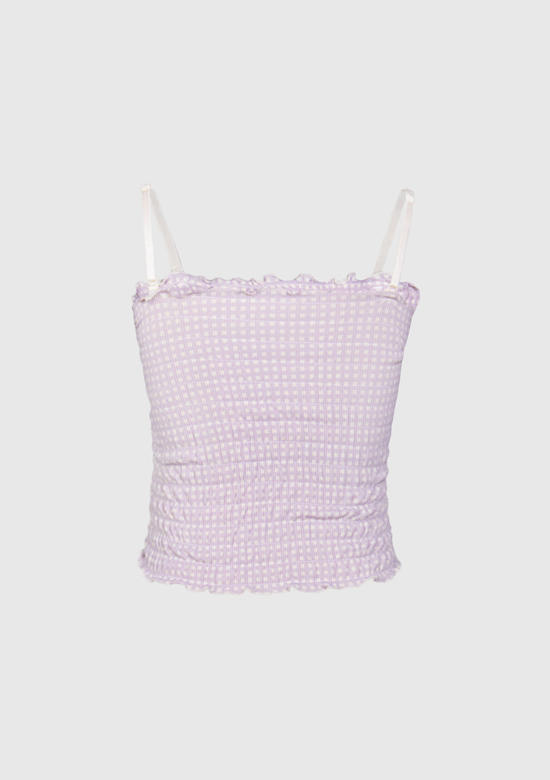 2-WAY PADDED SHIRRED TUBE CAMISOLE in Light Purple Check