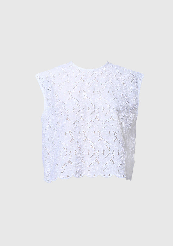 Cap-Sleeve Scallop-Hem Broderie Blouse in Off White