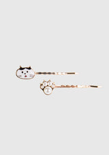 Surprised Cat Face x Paw Motif Hair Pin Set in White