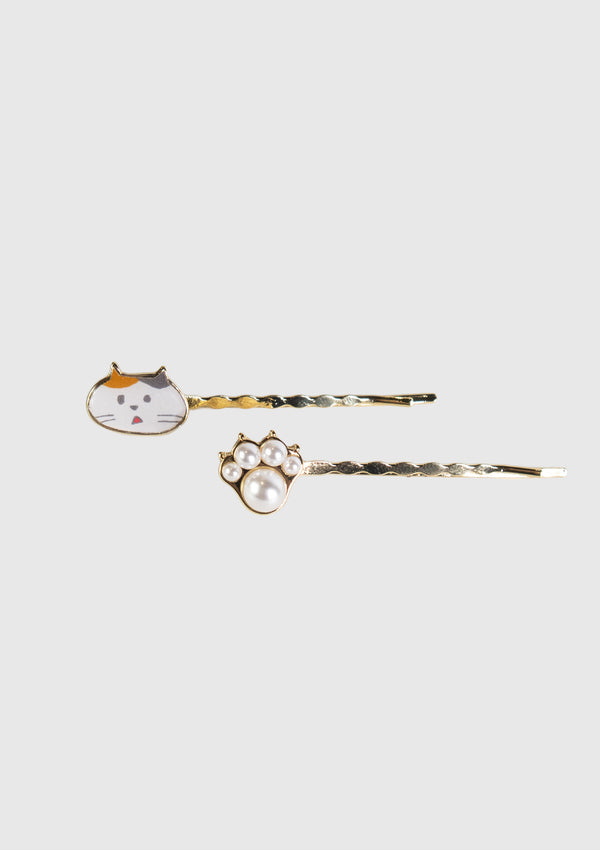 Surprised Cat Face x Paw Motif Hair Pin Set in White Multi