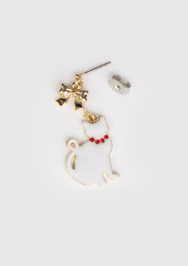 Cat x Ribbon Motif Earrings in White