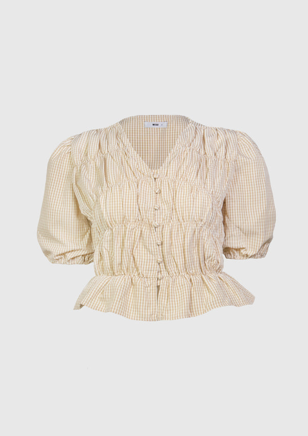 V-Neck Puff Short Sleeve Tiered Shirring Blouse in Beige Check