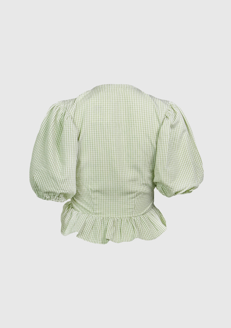 V-Neck Puff Short Sleeve Tiered Shirring Blouse in Green Check