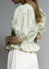 V-Neck Puff Short Sleeve Tiered Shirring Blouse in Green Check