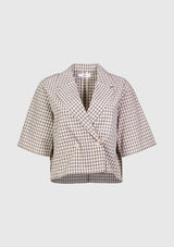 Boxy Cropped Double-Breasted Jacket with Short Sleeves in Brown Check