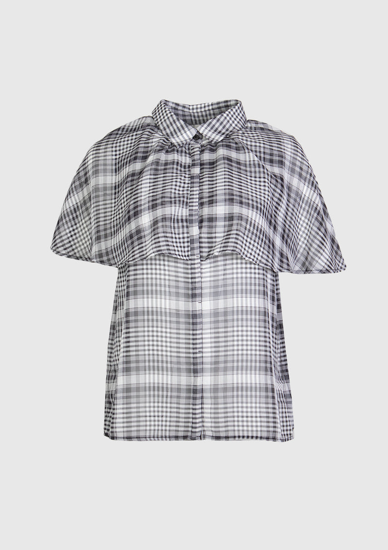 Shirt with Capelet Sleeves in Black Check