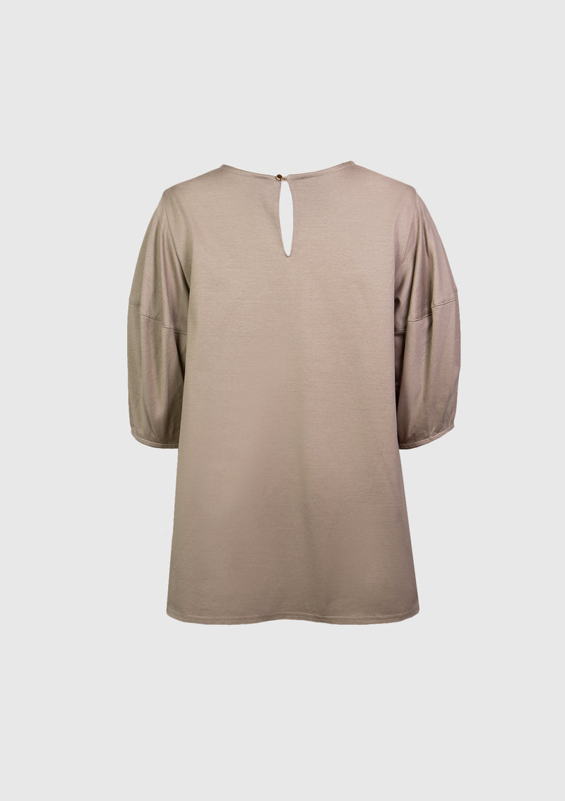 Cocoon-Sleeve Button-Back Flared Blouse in Beige