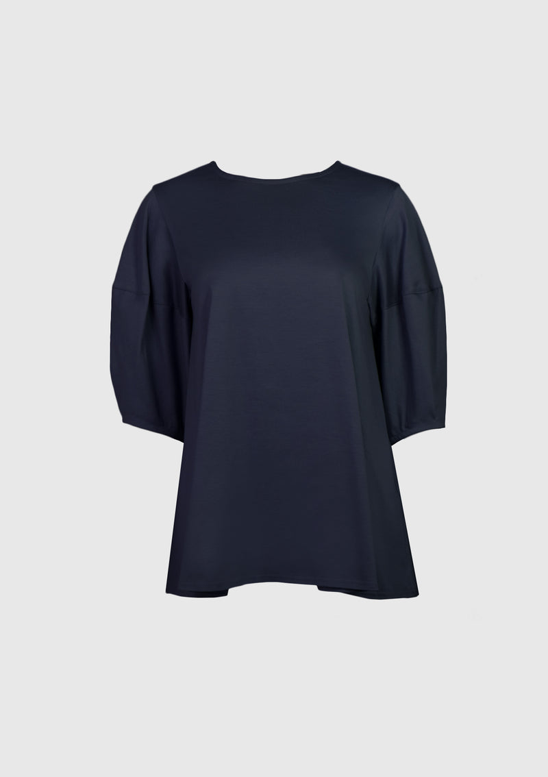 Cocoon-Sleeve Button-Back Flared Blouse in Navy