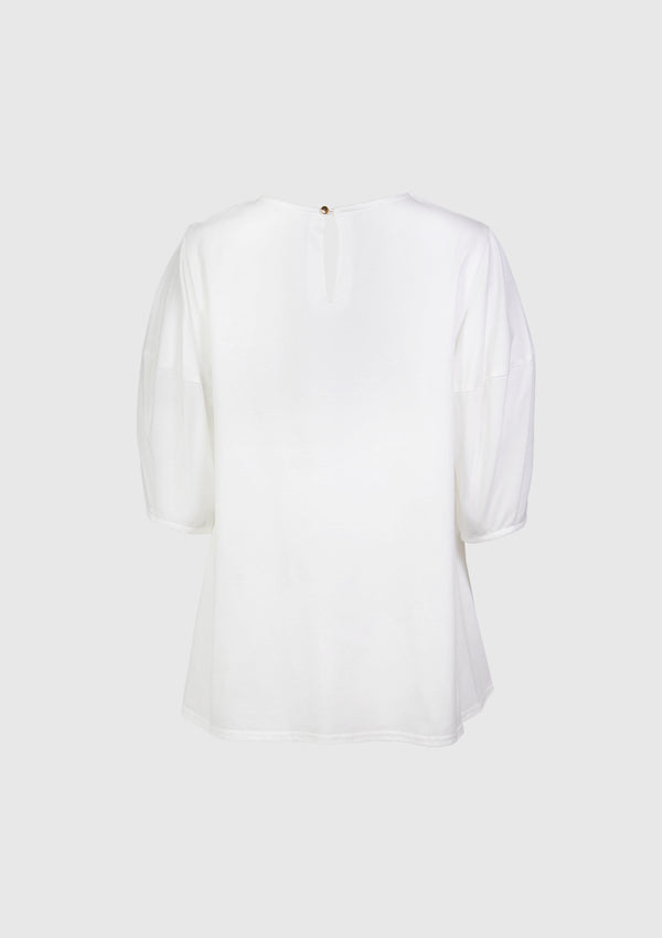 Cocoon-Sleeve Button-Back Flared Blouse in White