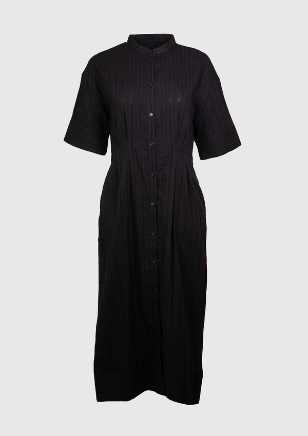 Band-Collar Tucked-Waist Shirt Dress in Black