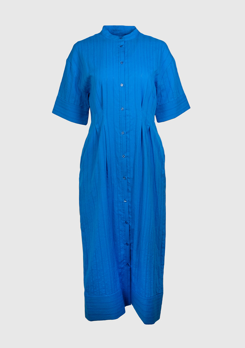 Band-Collar Tucked-Waist Shirt Dress in Blue