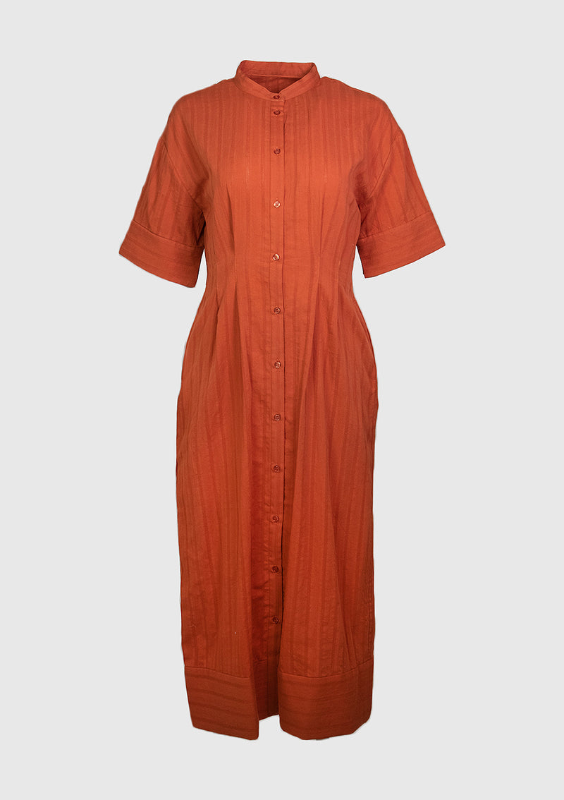 Band-Collar Tucked-Waist Shirt Dress in Orange