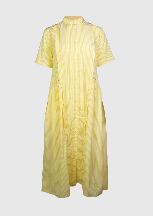 Band-Collar Peplum Back Shirt Dress in Yellow Stripe