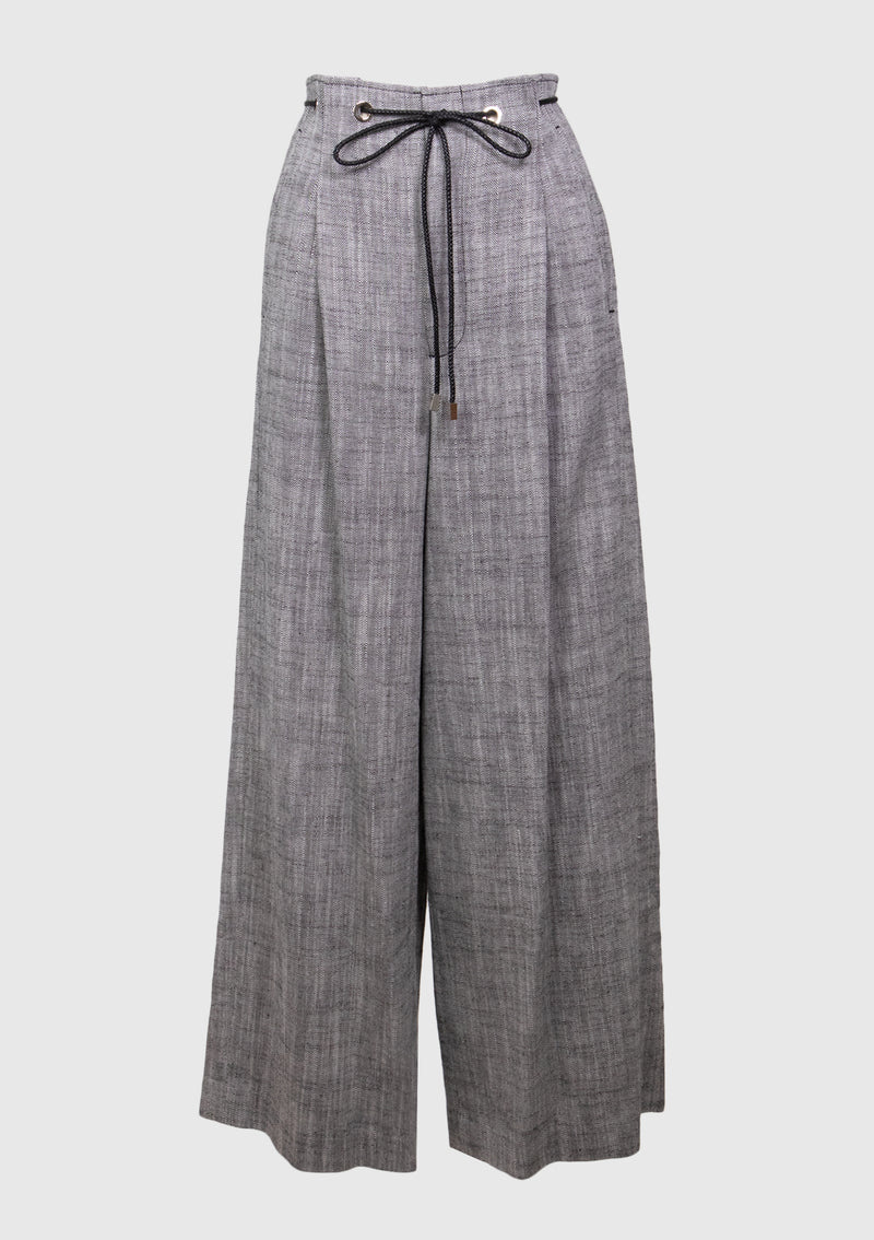 Wide-Leg Pants with Cord Waist-Tie in Grey