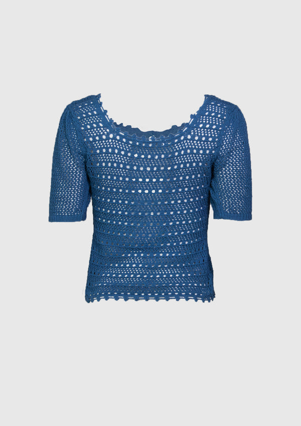 Cotton Crochet Round Neck Short Sleeve Cardigan in Blue