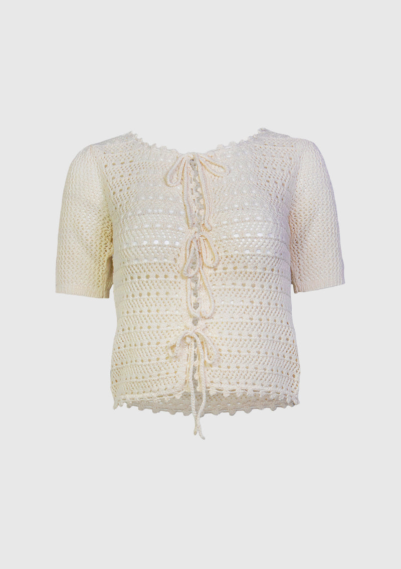 Cotton Crochet Round Neck Short Sleeve Cardigan in Cream