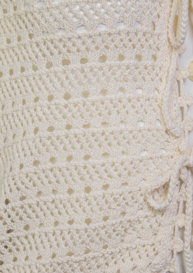Cotton Crochet Round Neck Short Sleeve Cardigan in Cream