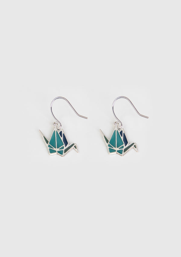 Origami Crane Drop Earrings in Green