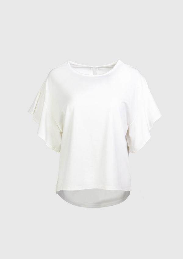 Round-Neck Flutter Sleeve Blouse in Off White