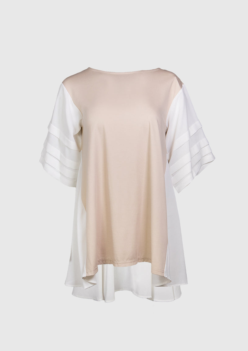 Colour-Block Flare Back Blouse in Beige