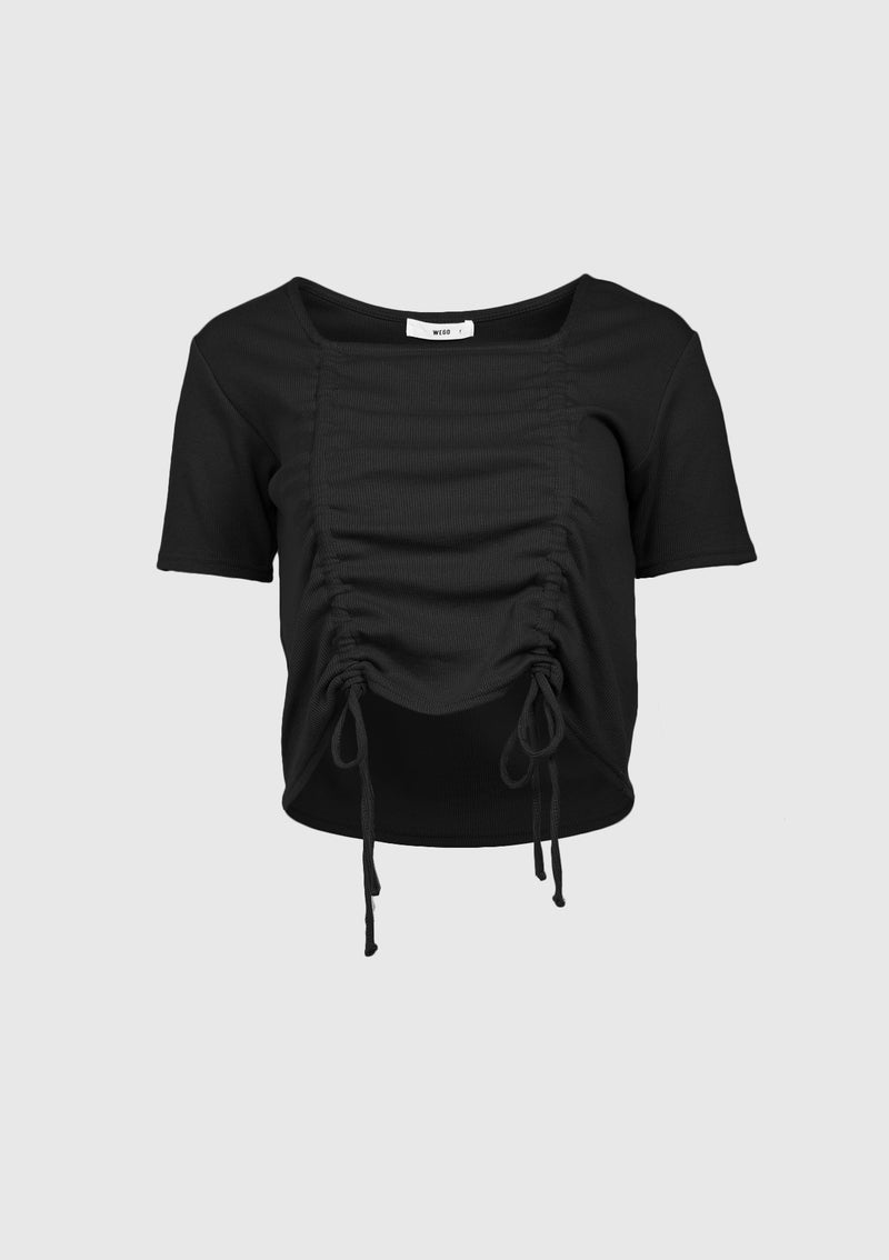 Short-Sleeved Cropped Gathered Front Tee in Black