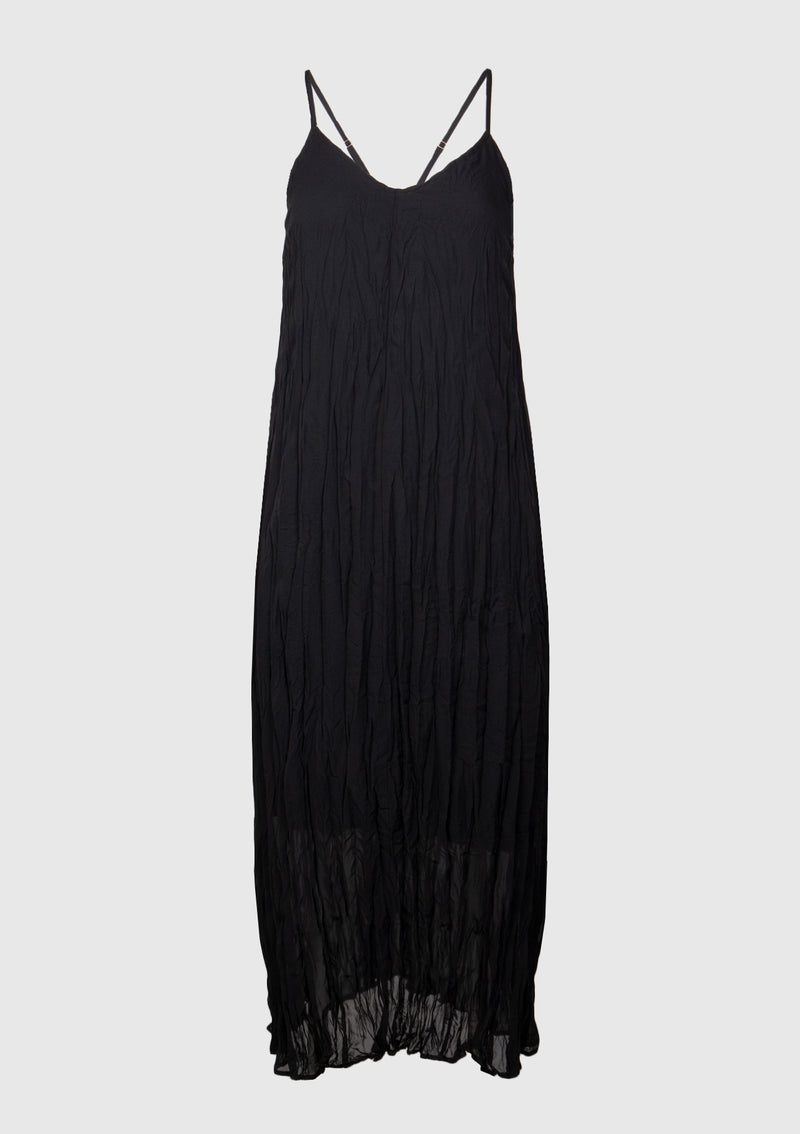 Crush-Pleated Maxi Cami Dress in Black