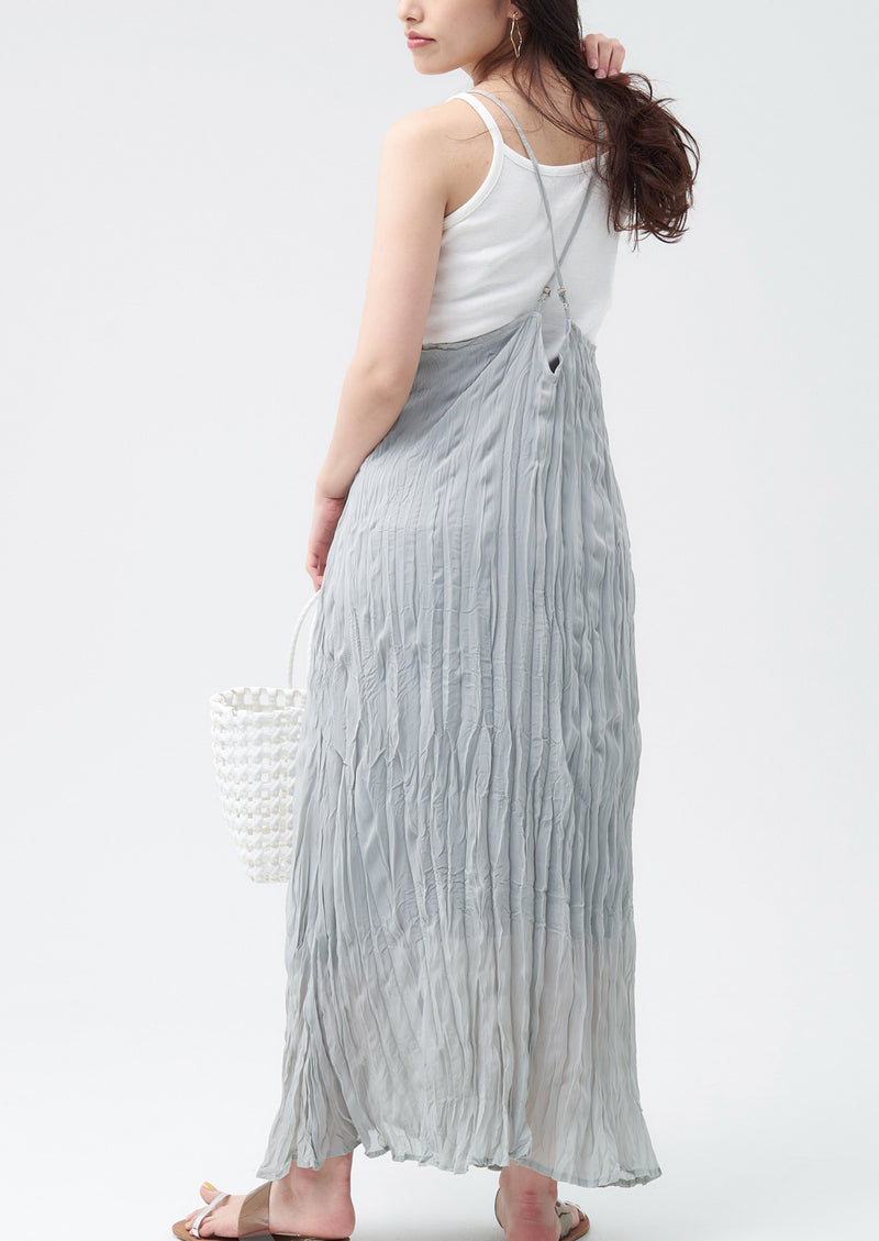 Crush-Pleated Maxi Cami Dress in Light Grey