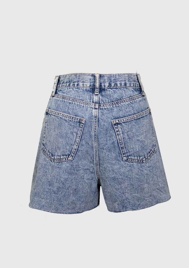 Cotton High Waist Raw-Hem A-Line Denim Shorts in Denim Blue Other