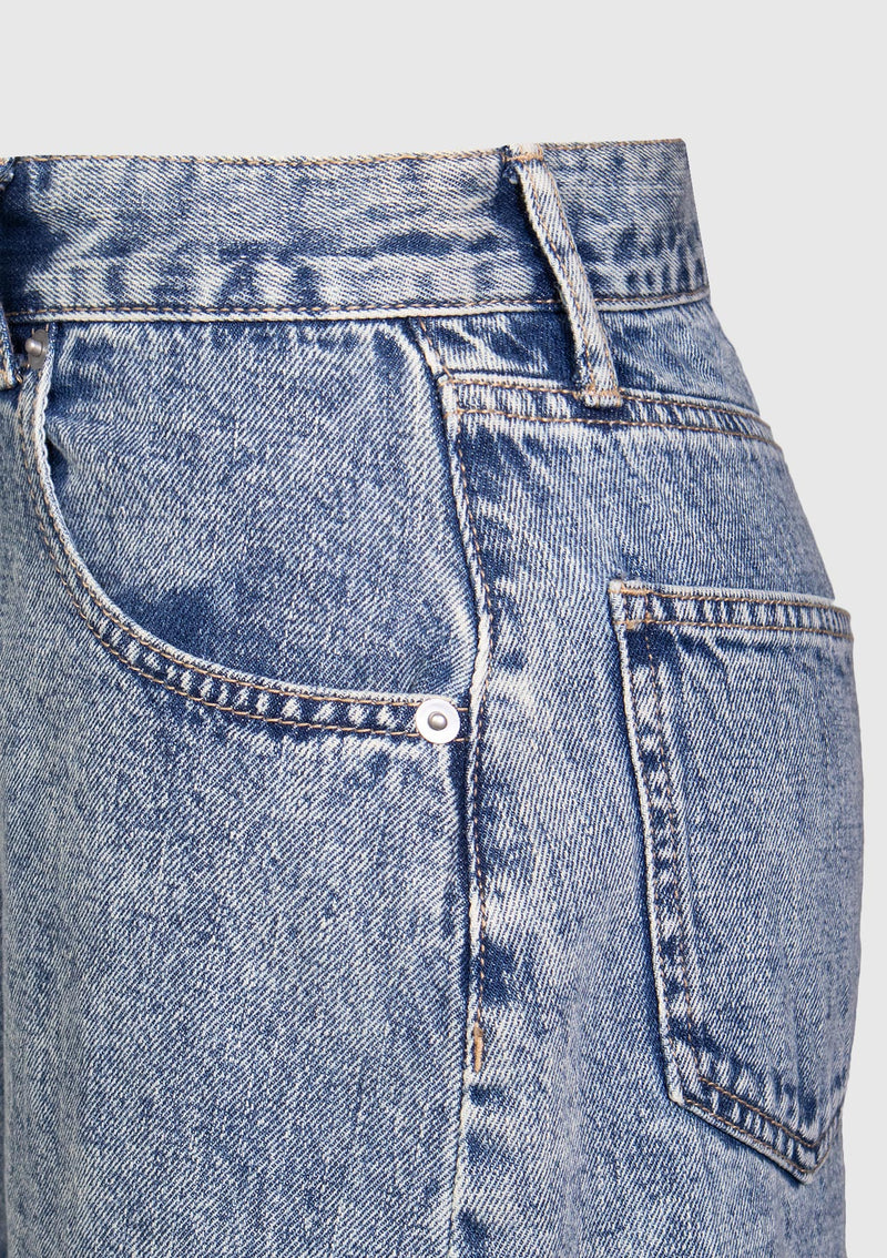 Cotton High Waist Raw-Hem A-Line Denim Shorts in Denim Blue Other