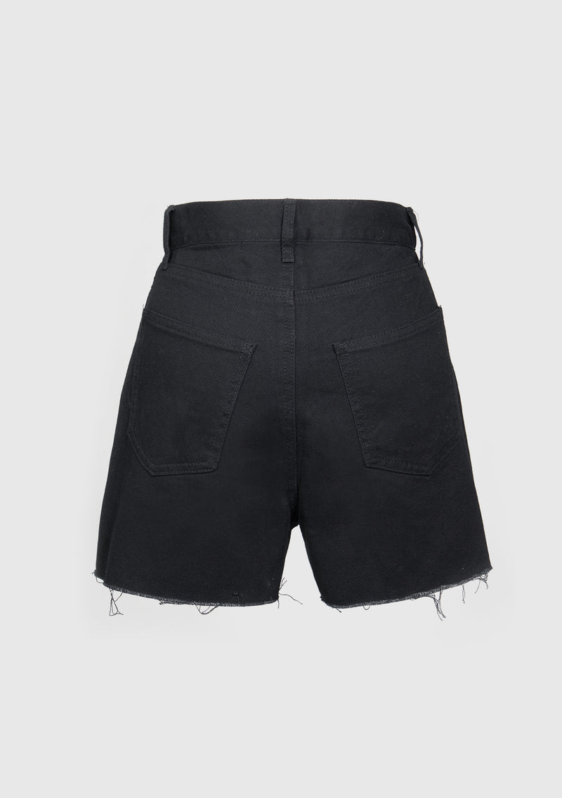 Cotton High Waist Raw-Hem A-Line Denim Shorts in Black