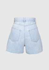 Cotton High Waist Raw-Hem A-Line Denim Shorts in Damaged Denim Light Blue