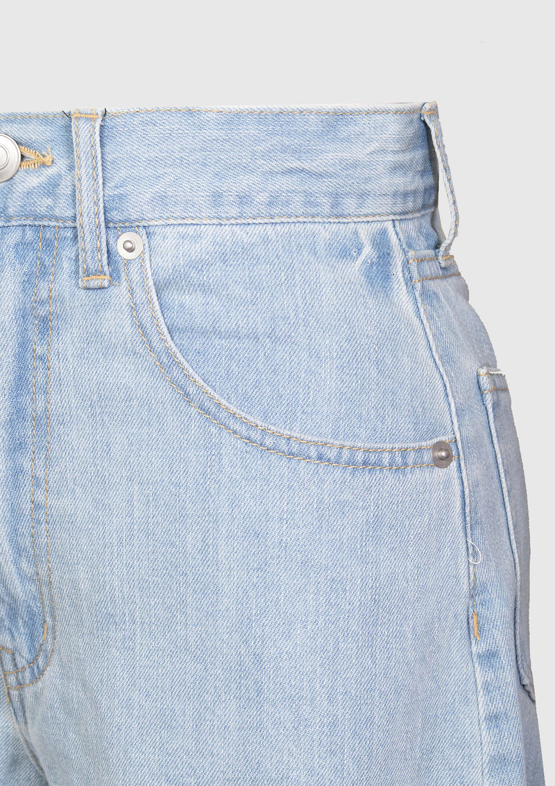 Cotton High Waist Raw-Hem A-Line Denim Shorts in Damaged Denim Light Blue