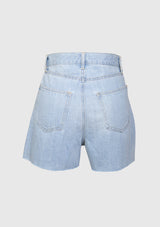 Cotton High Waist Raw-Hem A-Line Denim Shorts in Denim Light