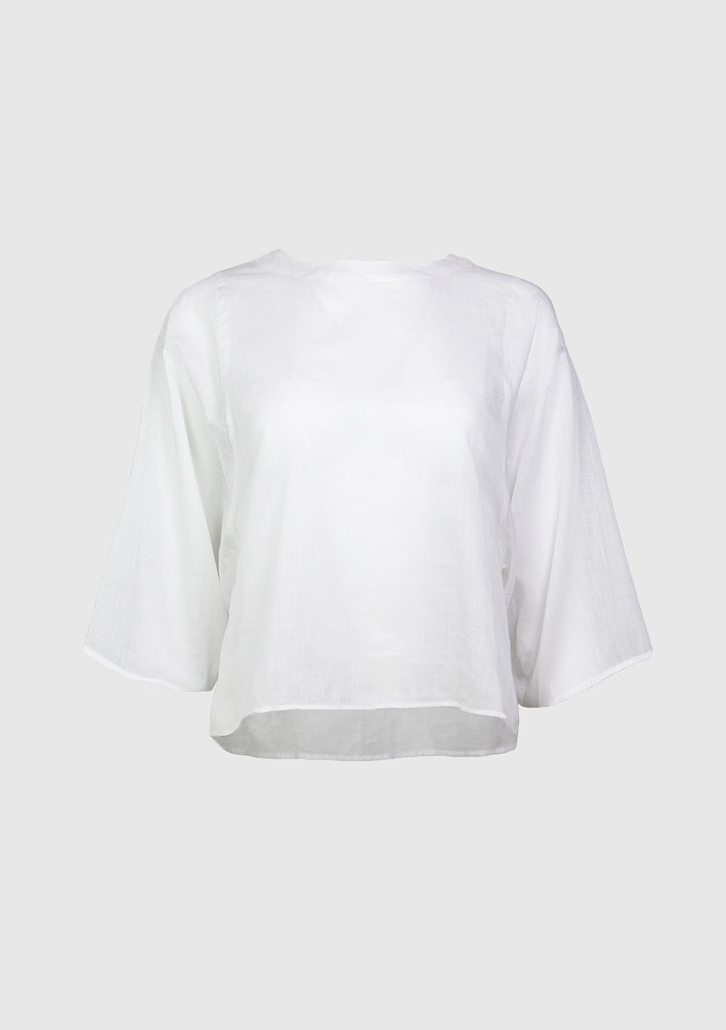 Cotton-Linen Voile Balloon Sleeve Blouse in Off White