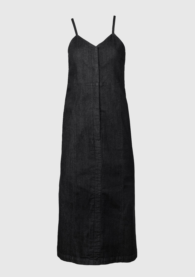 Denim Cami Dress with V-Back Straps in Black