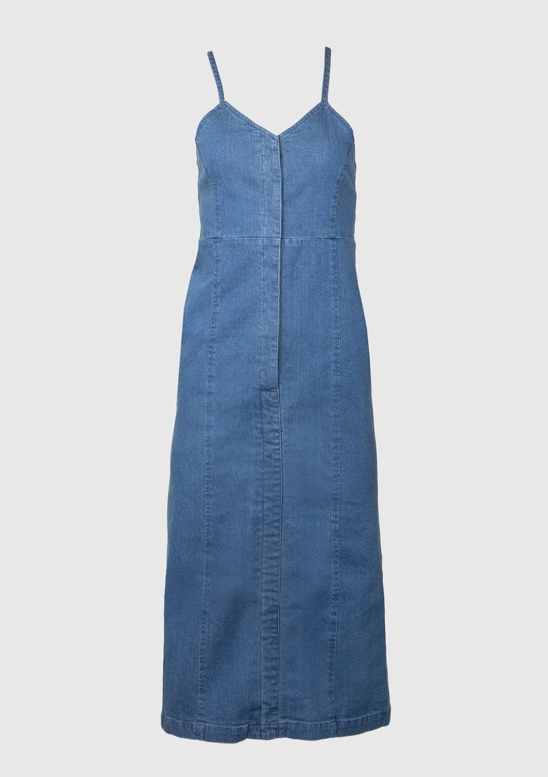 Denim Cami Dress with V-Back Straps in Denim Blue