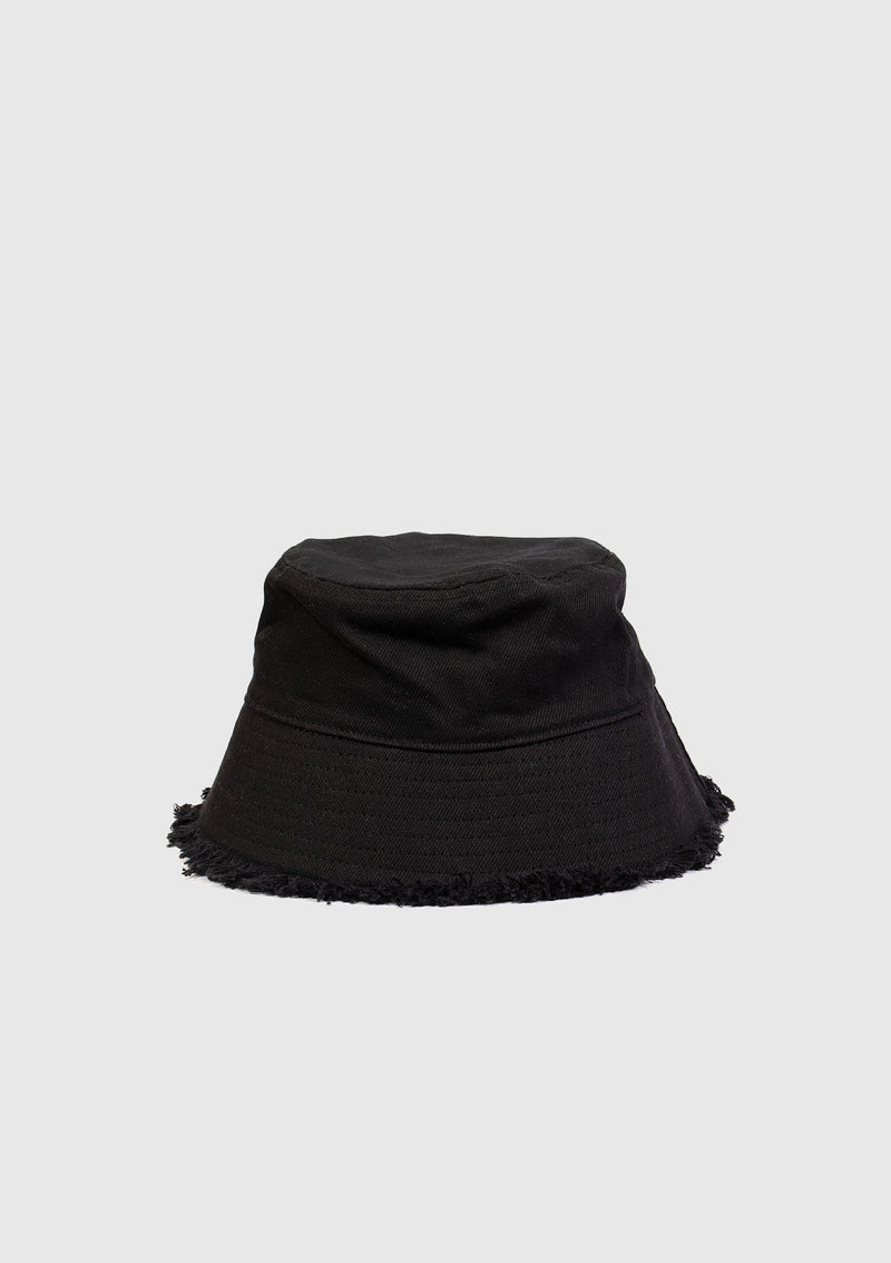 Distressed-Hem Bucket Hat in Black