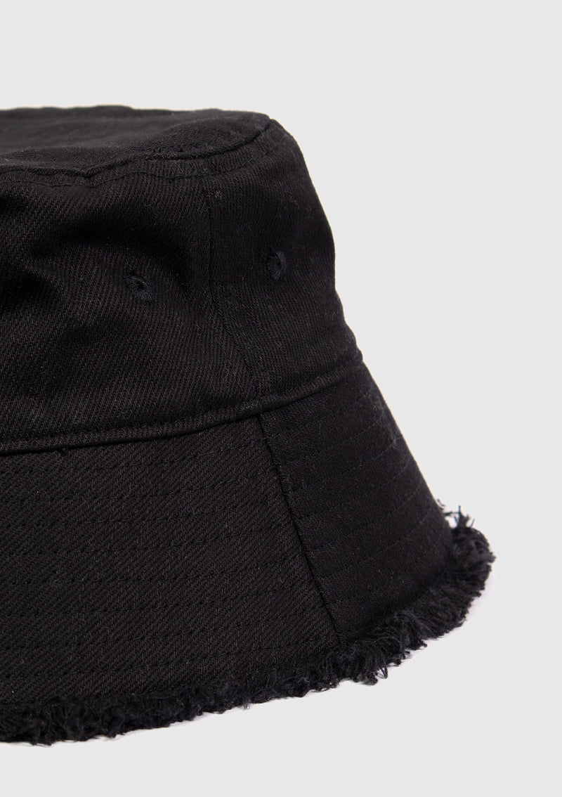 Distressed-Hem Bucket Hat in Black